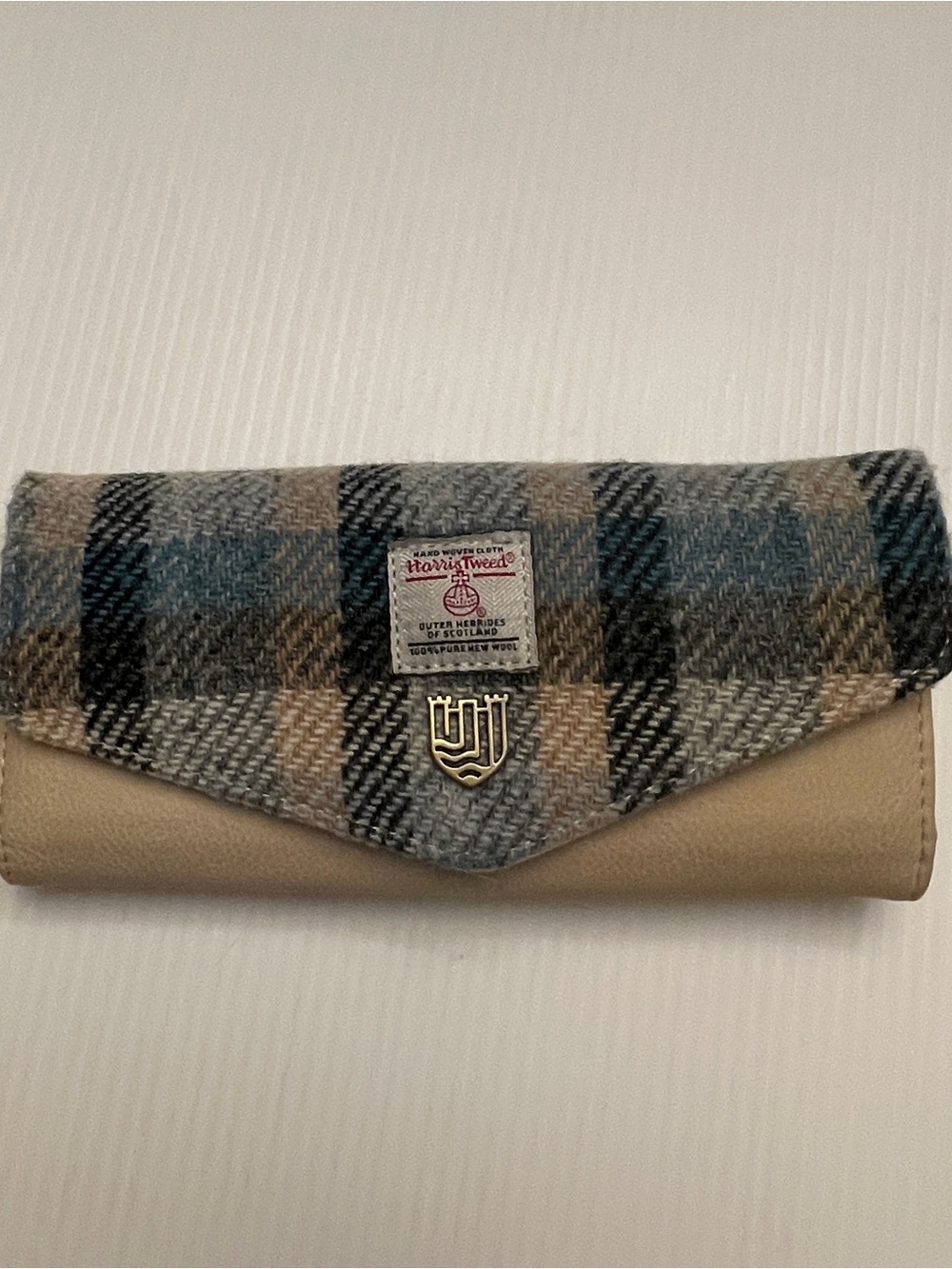 Harris Tweed Islander Plaid Fold-Over Wallet in Beige and Blue